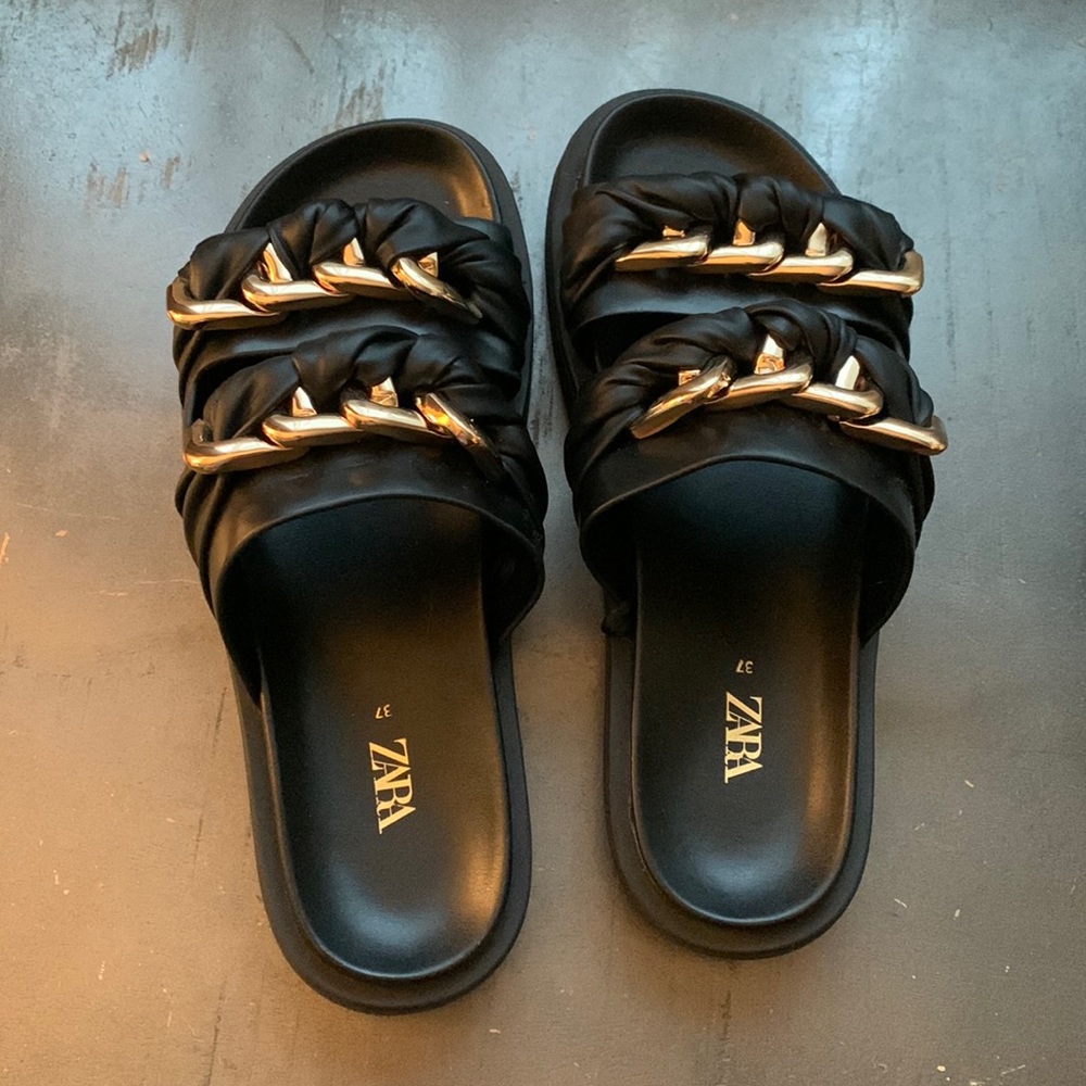 Zara black leather sandals with gold detail